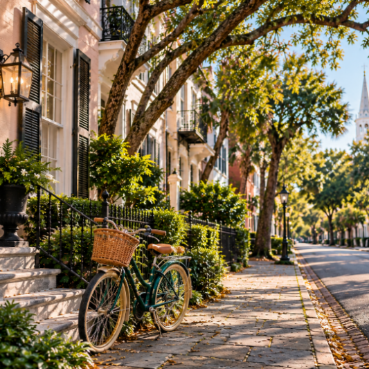 Bicycle parked along a sunny residential street in Cannonborough-Elliottborough, Charleston, with historic homes and tree-lined sidewalks.