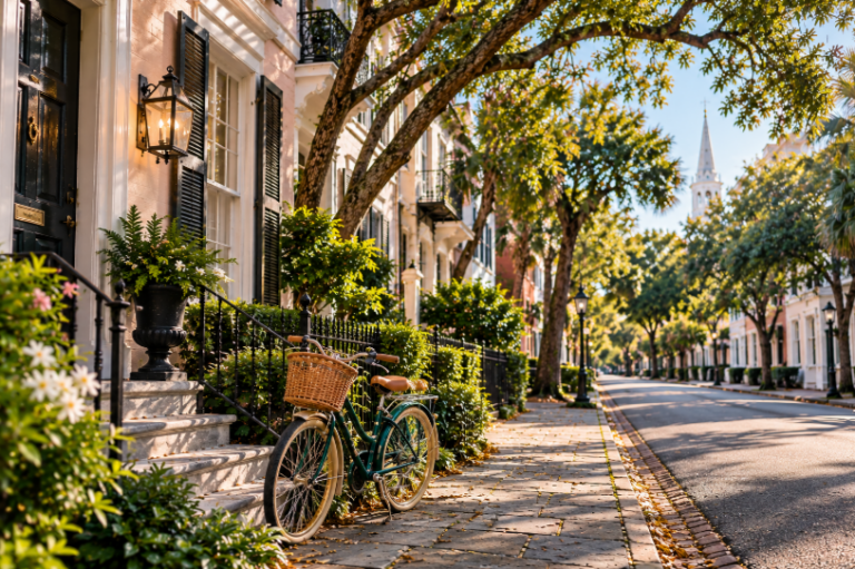 Bicycle parked along a sunny residential street in Cannonborough-Elliottborough, Charleston, with historic homes and tree-lined sidewalks.