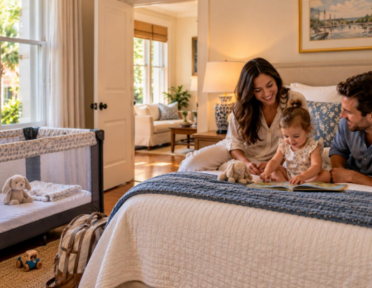 Parents reading a picture book with their toddler on a guest bedroom bed, with a travel crib nearby in a bright, family-friendly vacation rental.
