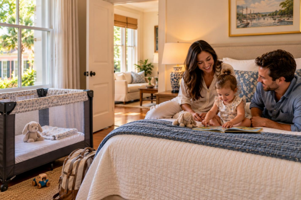 Parents reading a picture book with their toddler on a guest bedroom bed, with a travel crib nearby in a bright, family-friendly vacation rental.