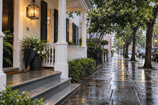 Rainy residential street in Cannonborough-Elliottborough with a historic Charleston home, wet sidewalks, and an umbrella on the porch.