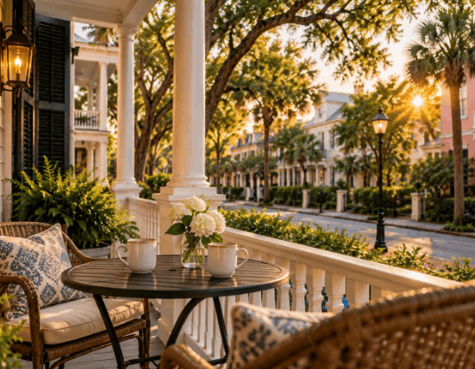 Two coffee mugs and fresh flowers on a cozy Charleston-style porch overlooking a quiet, tree-lined residential street at sunset.