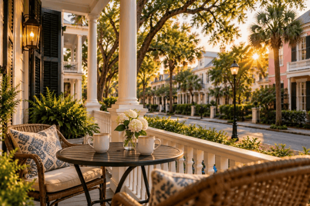 Two coffee mugs and fresh flowers on a cozy Charleston-style porch overlooking a quiet, tree-lined residential street at sunset.